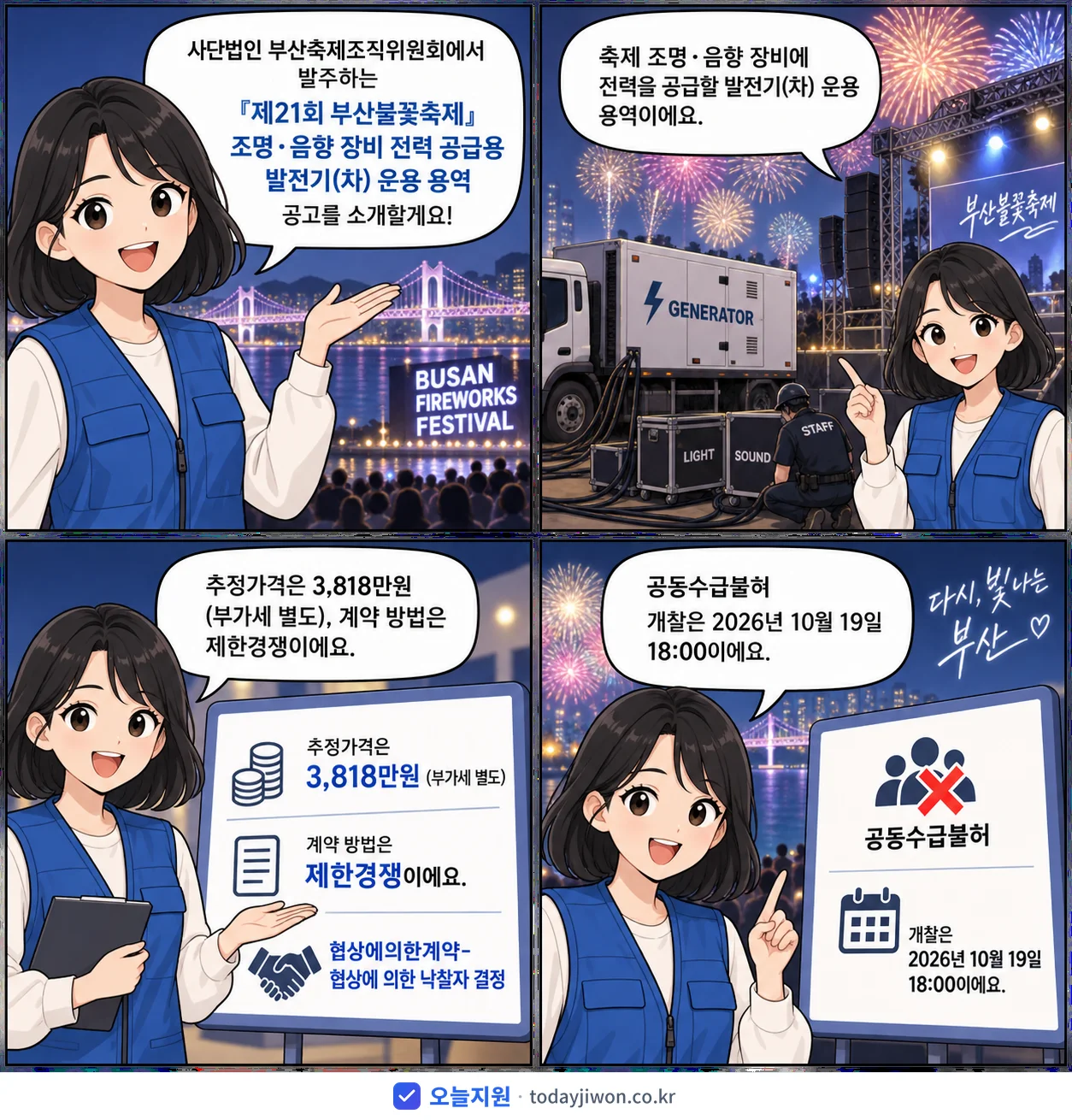 4컷 만화로 보는 공고: 사단법인 부산축제조직위원회 '『제21회 부산불꽃축제』 조명·음향 장비 전력 공급용 발전기(차) 운용…', 추정가격 3,818만원
