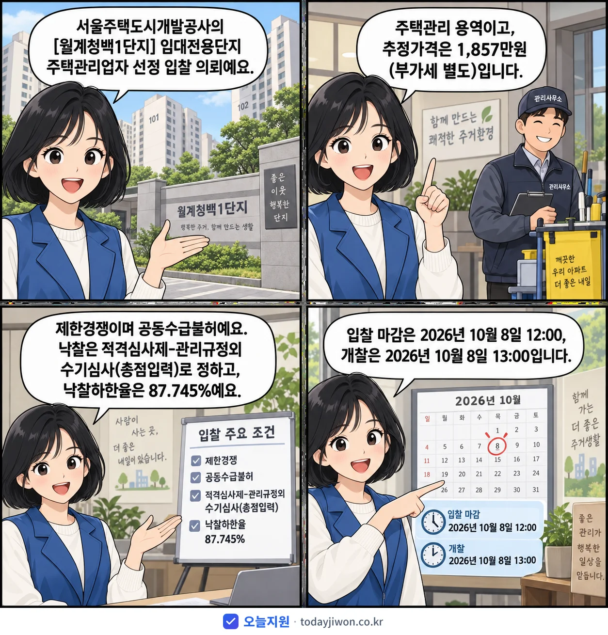 4컷 만화로 보는 공고: 서울주택도시개발공사 '임대전용단지 주택관리업자 선정 입찰 의뢰', 추정가격 1,857만원, 입찰 마감 10/8 12:00