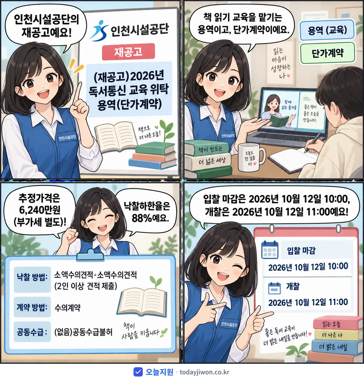 4컷 만화로 보는 공고: 인천시설공단 '독서통신 교육 위탁 용역', 추정가격 6,240만원, 입찰 마감 10/12 10:00