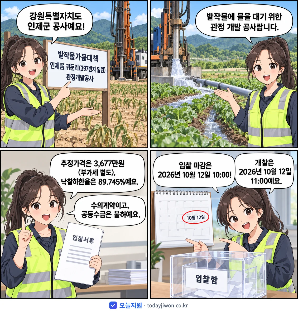 4컷 만화로 보는 공고: 강원특별자치도 인제군 '밭작물가뭄대책 인제읍 귀둔리(397번지 일원) 관정개발공사', 추정가격 3,677만원, 입찰 마감 10/12 10:00