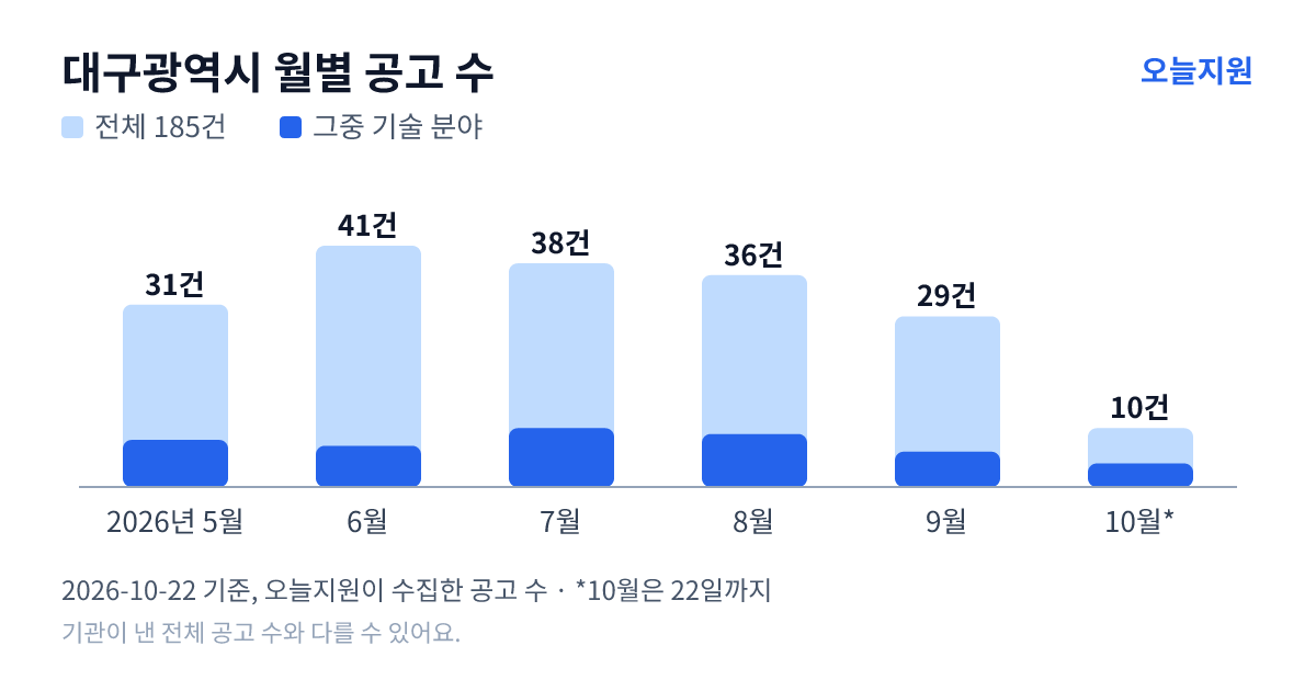 대구광역시 월별 지원사업 공고 수(오늘지원 수집 기준) — 5월 31건, 6월 41건, 7월 38건, 8월 36건, 9월 29건, 10월 10건