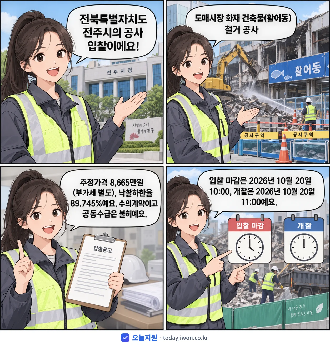 4컷 만화로 보는 공고: 전북특별자치도 전주시 '도매시장 화재 건축물(활어동) 철거 공사', 추정가격 8,665만원, 입찰 마감 10/20 10:00