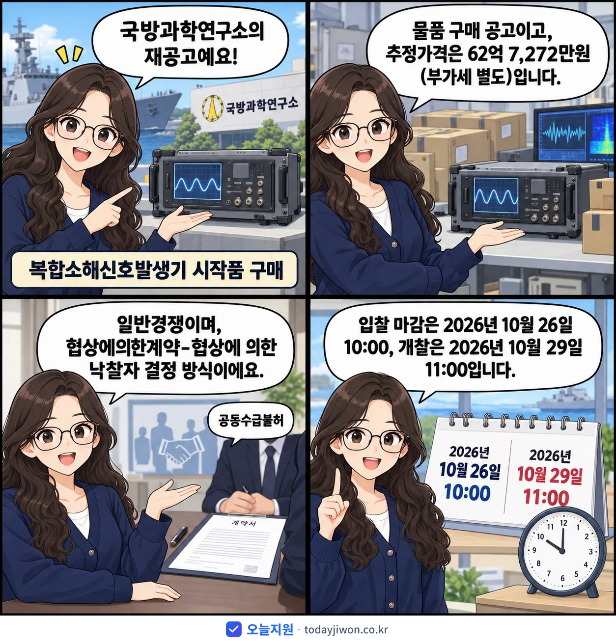 4컷 만화로 보는 공고: 국방과학연구소 '복합소해신호발생기 시작품 구매', 추정가격 62억 7,272만원, 입찰 마감 10/26 10:00