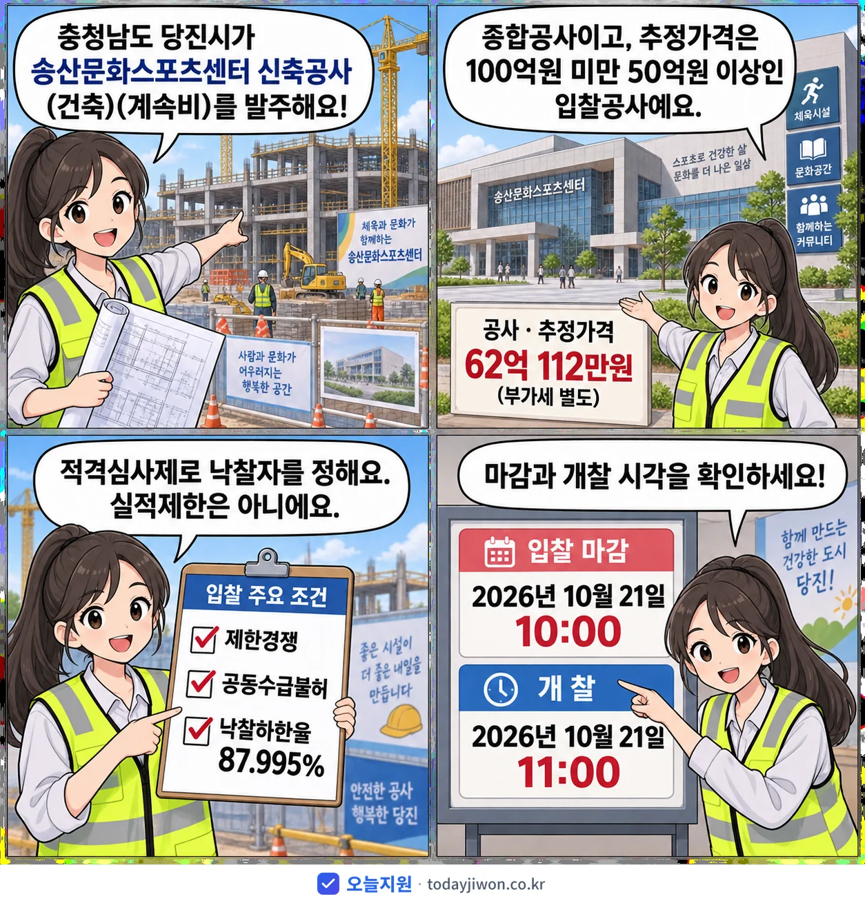 4컷 만화로 보는 공고: 충청남도 당진시 '송산문화스포츠센터 신축공사(건축)(계속비)', 추정가격 62억 112만원, 입찰 마감 10/21 10:00