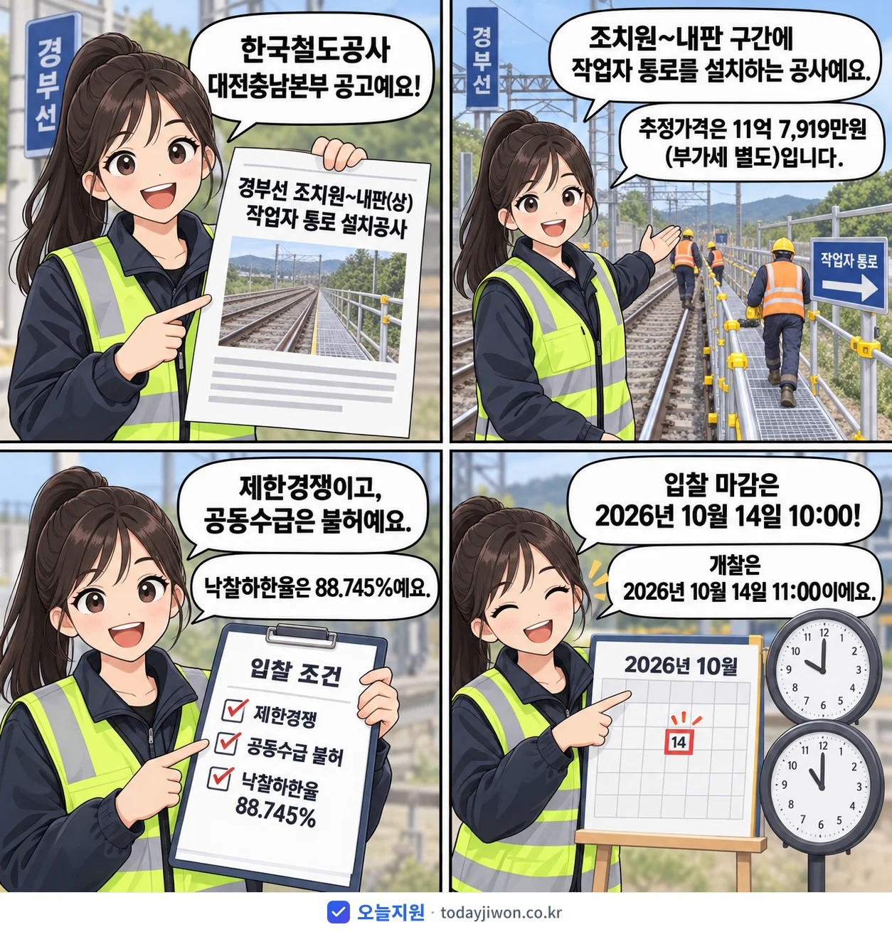 4컷 만화로 보는 공고: 한국철도공사 대전충남본부 '경부선 조치원~내판(상) 작업자 통로 설치공사', 추정가격 11억 7,919만원, 입찰 마감 10/14 10:00
