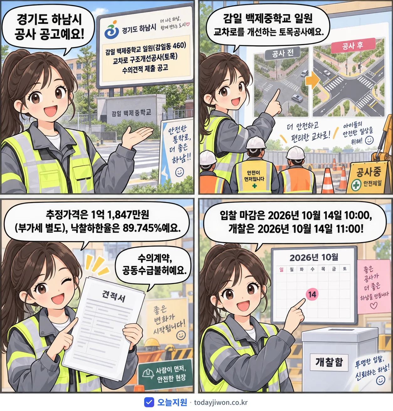 4컷 만화로 보는 공고: 경기도 하남시 '감일 백제중학교 일원(감일동 460) 교차로 구조개선공사(토목) 수의견…', 추정가격 1억 1,847만원, 입찰 마감 10/14 10:00