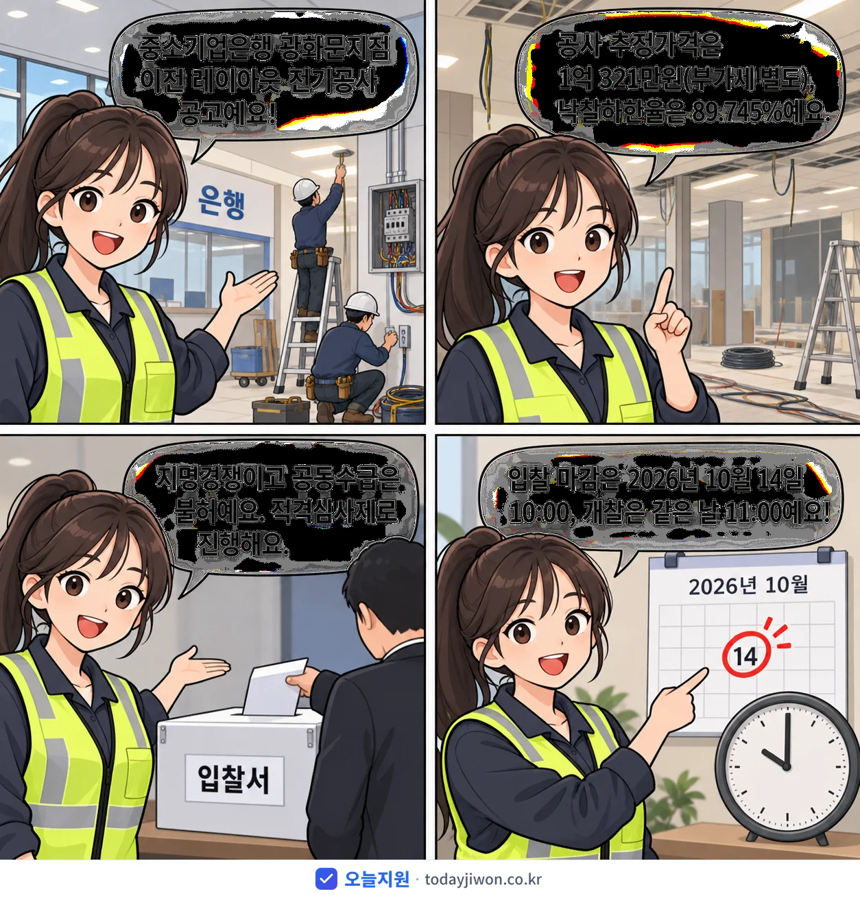 4컷 만화로 보는 공고: 중소기업은행 '광화문지점 이전 레이아웃 전기공사', 추정가격 1억 321만원, 입찰 마감 10/14 10:00