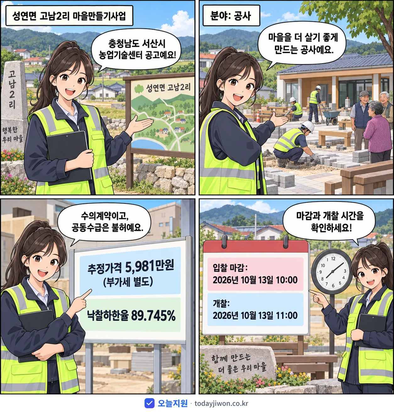 4컷 만화로 보는 공고: 충청남도 서산시 농업기술센터 '성연면 고남2리 마을만들기사업', 추정가격 5,981만원, 입찰 마감 10/13 10:00