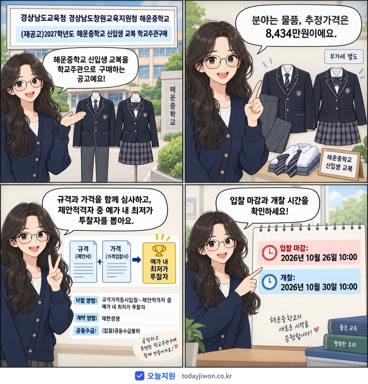4컷 만화로 보는 공고: 경상남도교육청 경상남도창원교육지원청 해운중학교 '학년도 해운중학교 신입생 교복 학교주관구매', 추정가격 8,434만원, 입찰 마감 10/26 10:00
