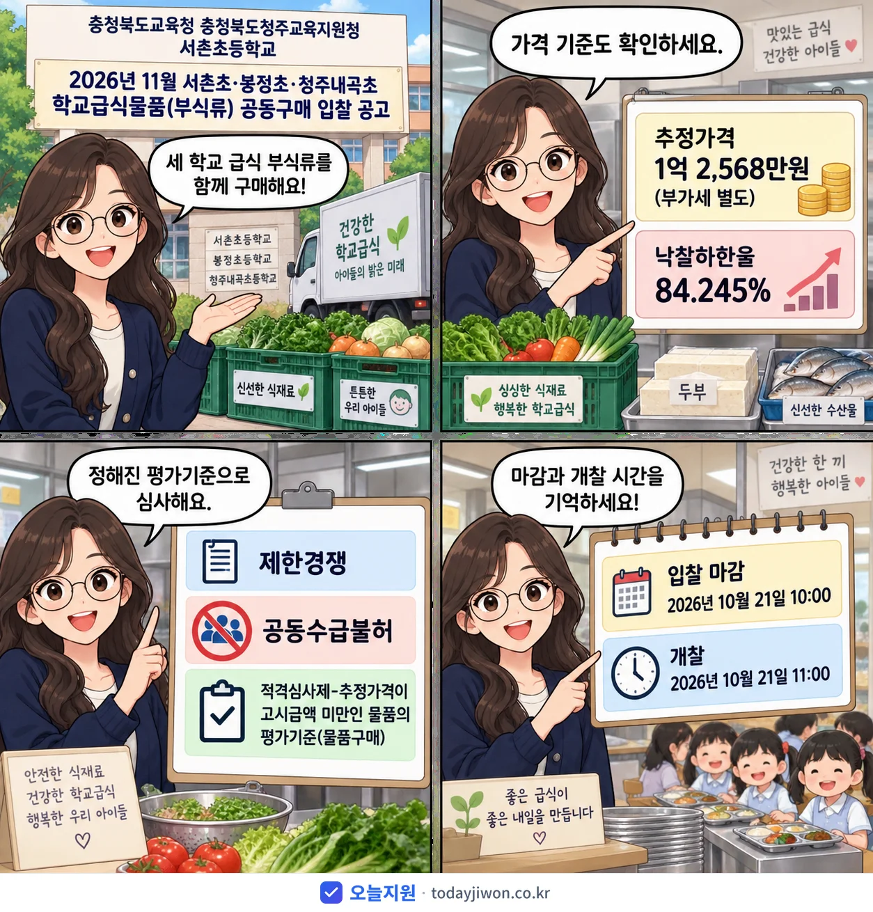 4컷 만화로 보는 공고: 충청북도교육청 충청북도청주교육지원청 서촌초등학교 '11월 서촌초·봉정초·청주내곡초 학교급식물품(부식류) 공동구매 입찰 공고', 추정가격 1억 2,568만원, 입찰 마감 10/21 10:00