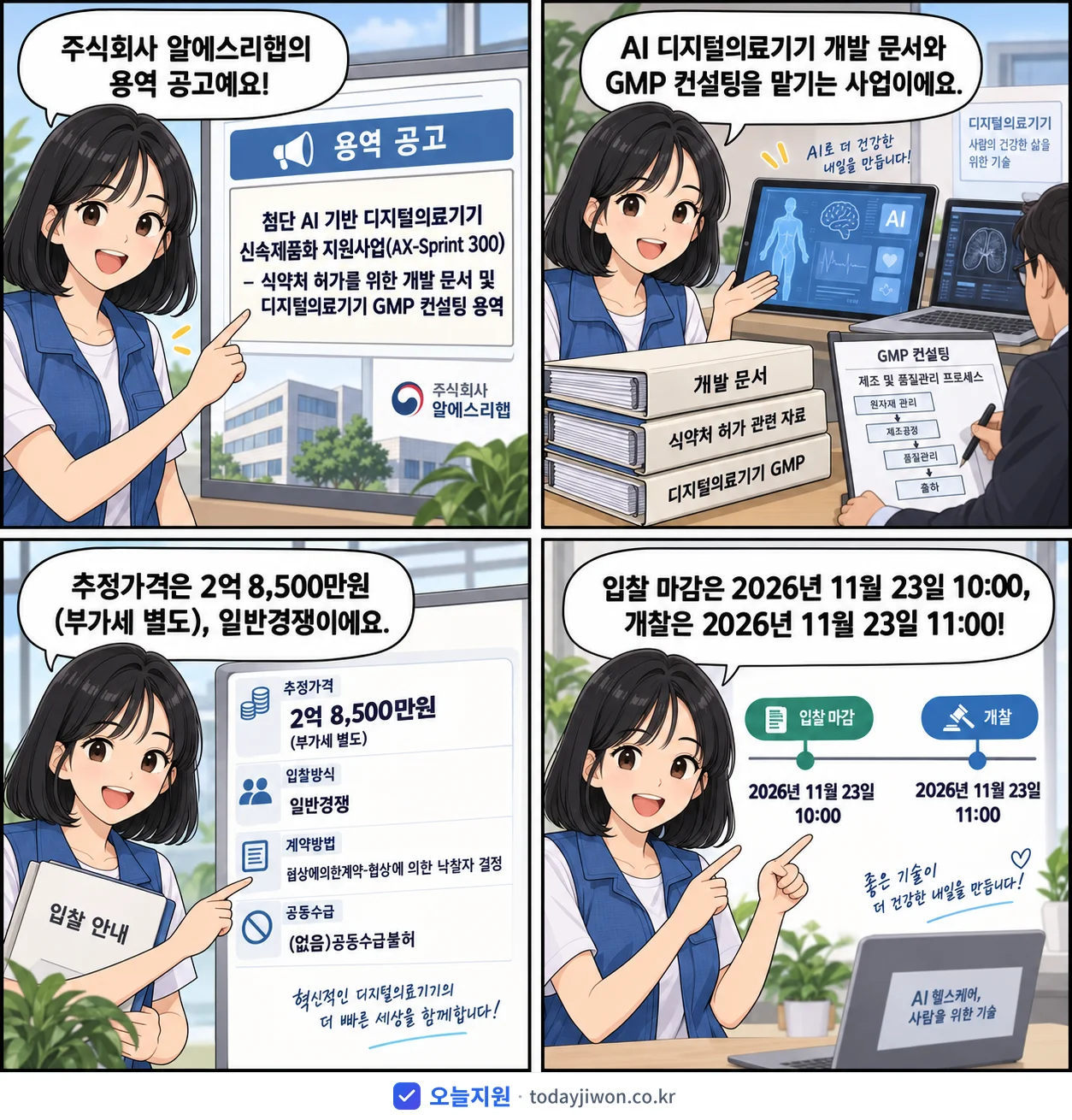 4컷 만화로 보는 공고: 주식회사 알에스리햅 '첨단 AI 기반 디지털의료기기 신속제품화 지원사업(AX-Sprint 3…', 추정가격 2억 8,500만원, 입찰 마감 11/23 10:00