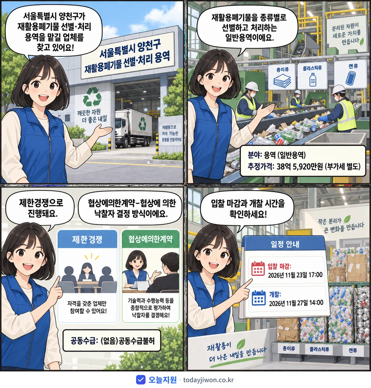 4컷 만화로 보는 공고: 서울특별시 양천구 '서울특별시 양천구 재활용폐기물 선별·처리 용역', 추정가격 38억 5,920만원, 입찰 마감 11/23 17:00
