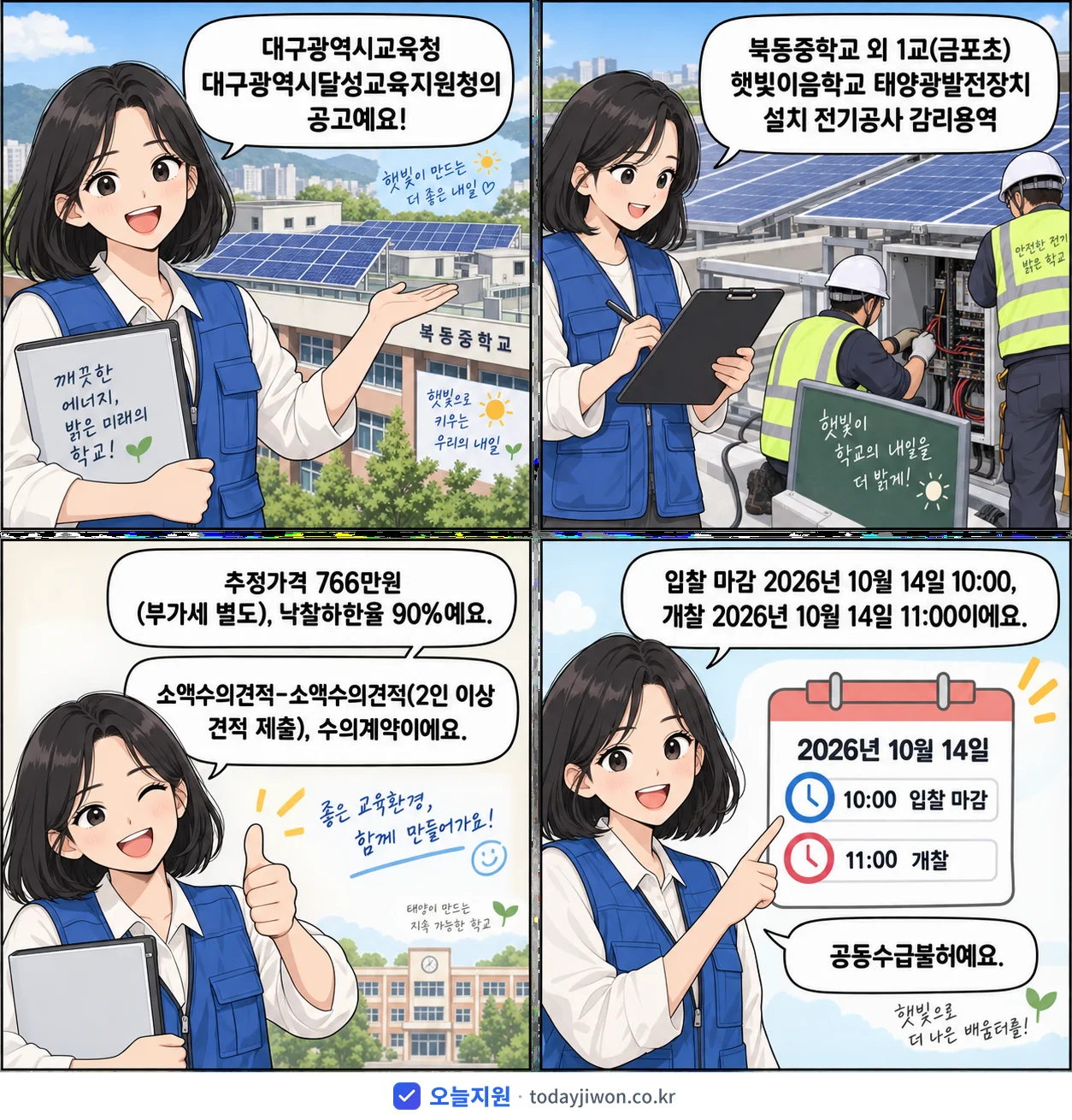4컷 만화로 보는 공고: 대구광역시교육청 대구광역시달성교육지원청 '북동중학교 외 1교(금포초) 햇빛이음학교 태양광발전장치 설치 전기공사…', 추정가격 766만원, 입찰 마감 10/14 10:00