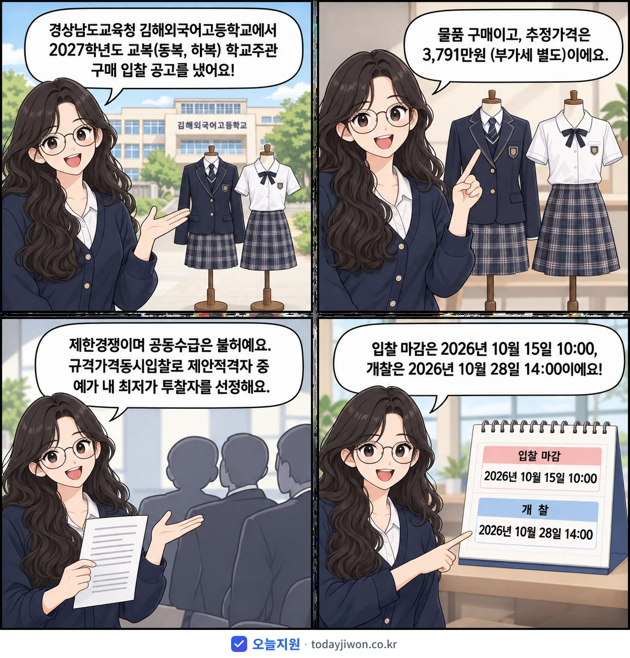 4컷 만화로 보는 공고: 경상남도교육청 김해외국어고등학교 '학년도 김해외국어고등학교 교복(동복, 하복) 학교주관 구매 입찰 공고', 추정가격 3,791만원, 입찰 마감 10/15 10:00