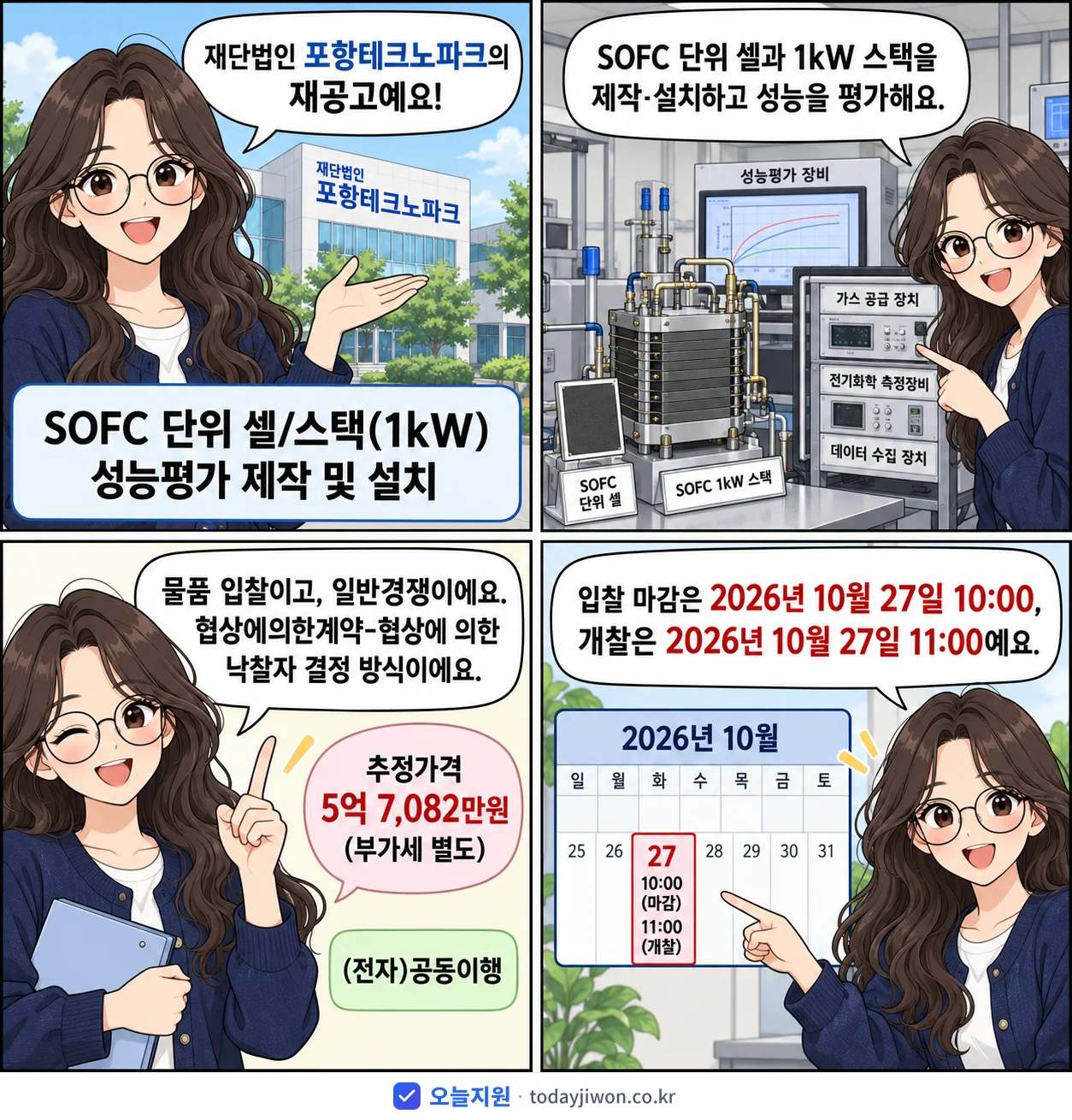 4컷 만화로 보는 공고: 재단법인 포항테크노파크 'SOFC 단위 셀/스택(1kW) 성능평가 제작 및 설치', 추정가격 5억 7,082만원, 입찰 마감 10/27 10:00