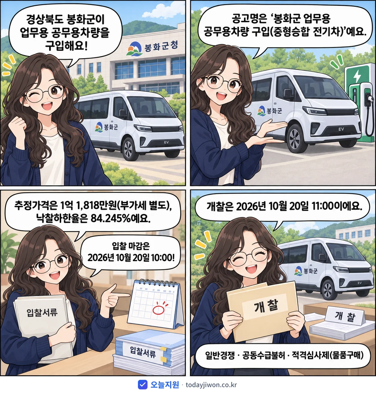 4컷 만화로 보는 공고: 경상북도 봉화군 '봉화군 업무용 공무용차량 구입(중형승합 전기차)', 추정가격 1억 1,818만원, 입찰 마감 10/20 10:00
