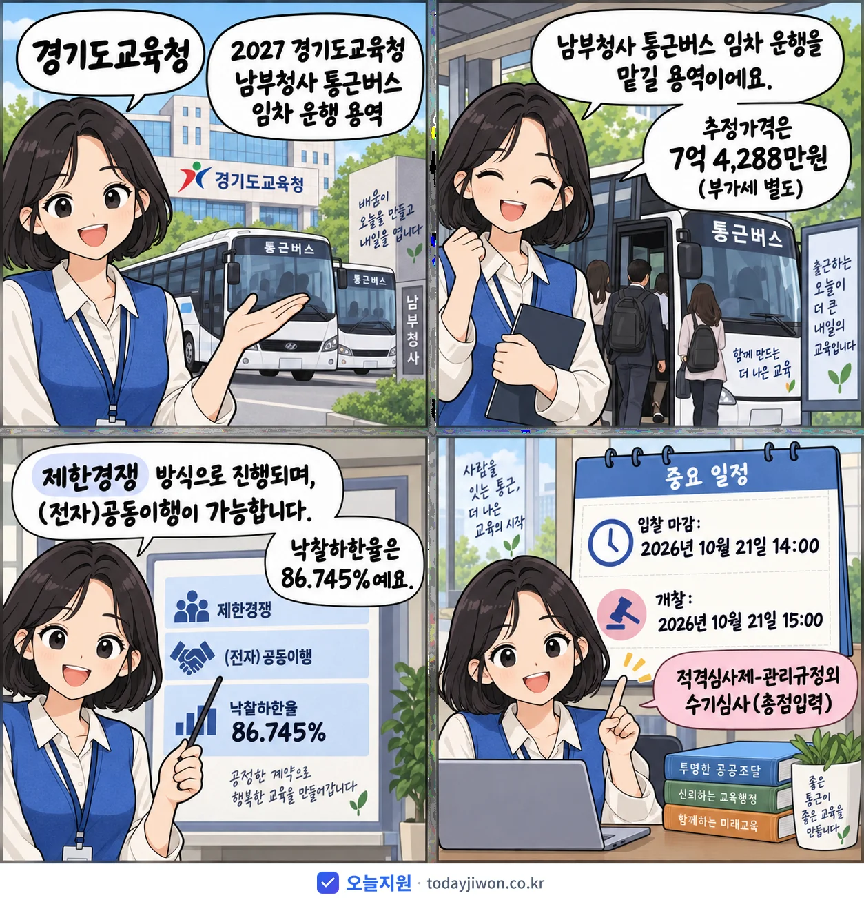 4컷 만화로 보는 공고: 경기도교육청 '경기도교육청 남부청사 통근버스 임차 운행 용역', 추정가격 7억 4,288만원, 입찰 마감 10/21 14:00