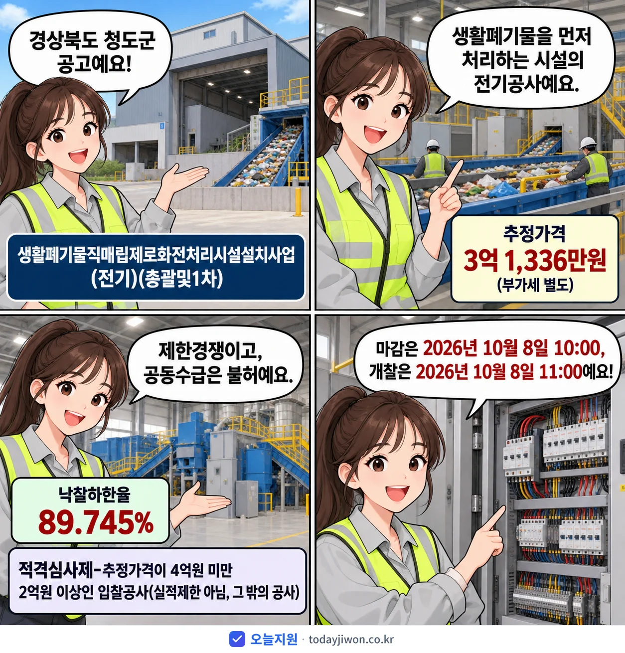 4컷 만화로 보는 공고: 경상북도 청도군 '생활폐기물직매립제로화전처리시설설치사업(전기)(총괄및1차)', 추정가격 3억 1,336만원, 입찰 마감 10/8 10:00