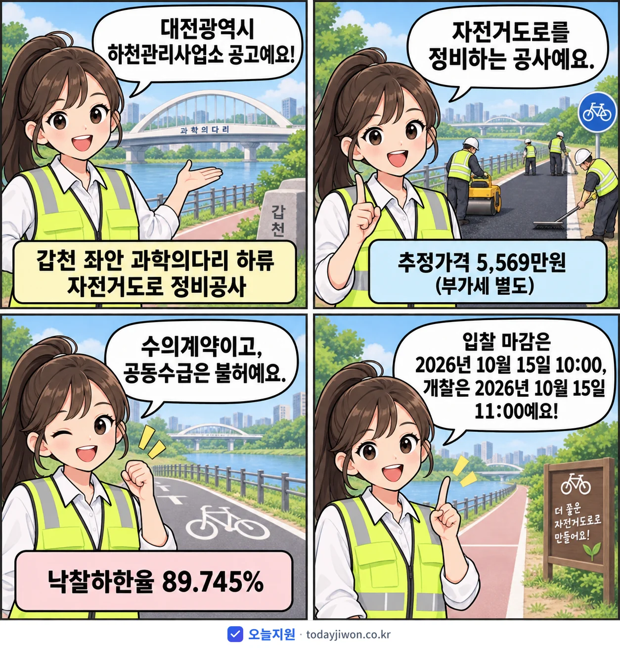 4컷 만화로 보는 공고: 대전광역시 하천관리사업소 '갑천 좌안 과학의다리 하류 자전거도로 정비공사', 추정가격 5,569만원, 입찰 마감 10/15 10:00