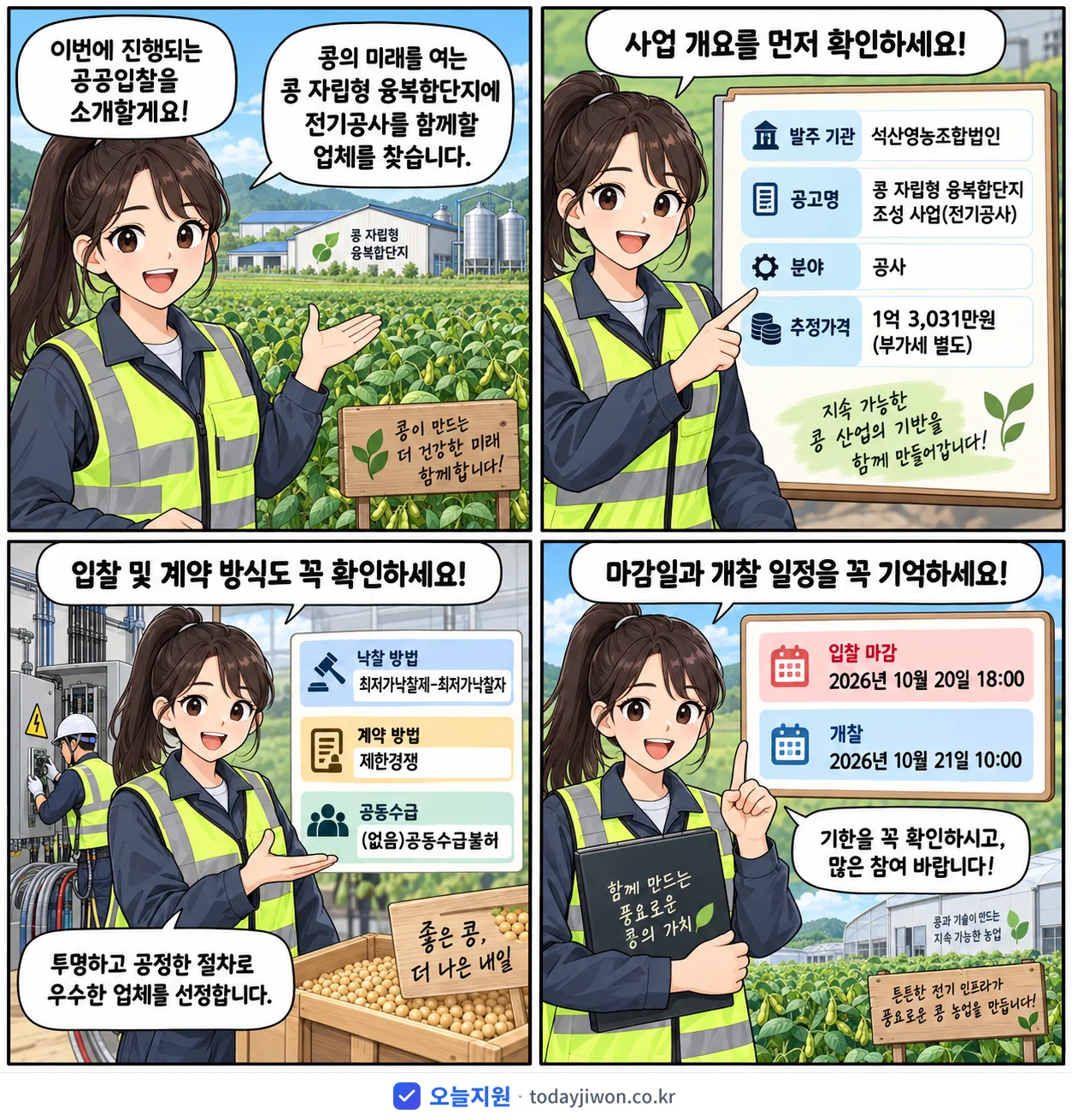 4컷 만화로 보는 공고: 석산영농조합법인 '콩 자립형 융복합단지 조성 사업(전기공사)', 추정가격 1억 3,031만원, 입찰 마감 10/20 18:00