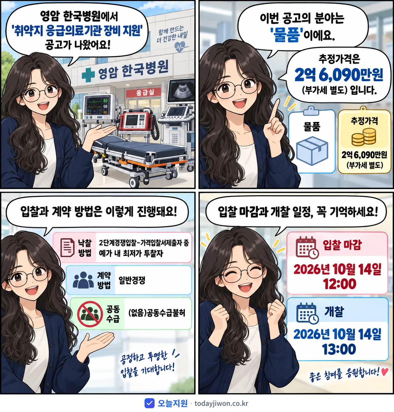 4컷 만화로 보는 공고: 영암 한국병원 '취약지 응급의료기관 장비 지원', 추정가격 2억 6,090만원, 입찰 마감 10/14 12:00