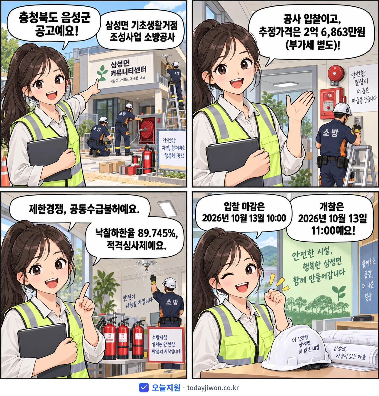 4컷 만화로 보는 공고: 충청북도 음성군 '삼성면 기초생활거점 조성사업 소방공사', 추정가격 2억 6,863만원, 입찰 마감 10/13 10:00