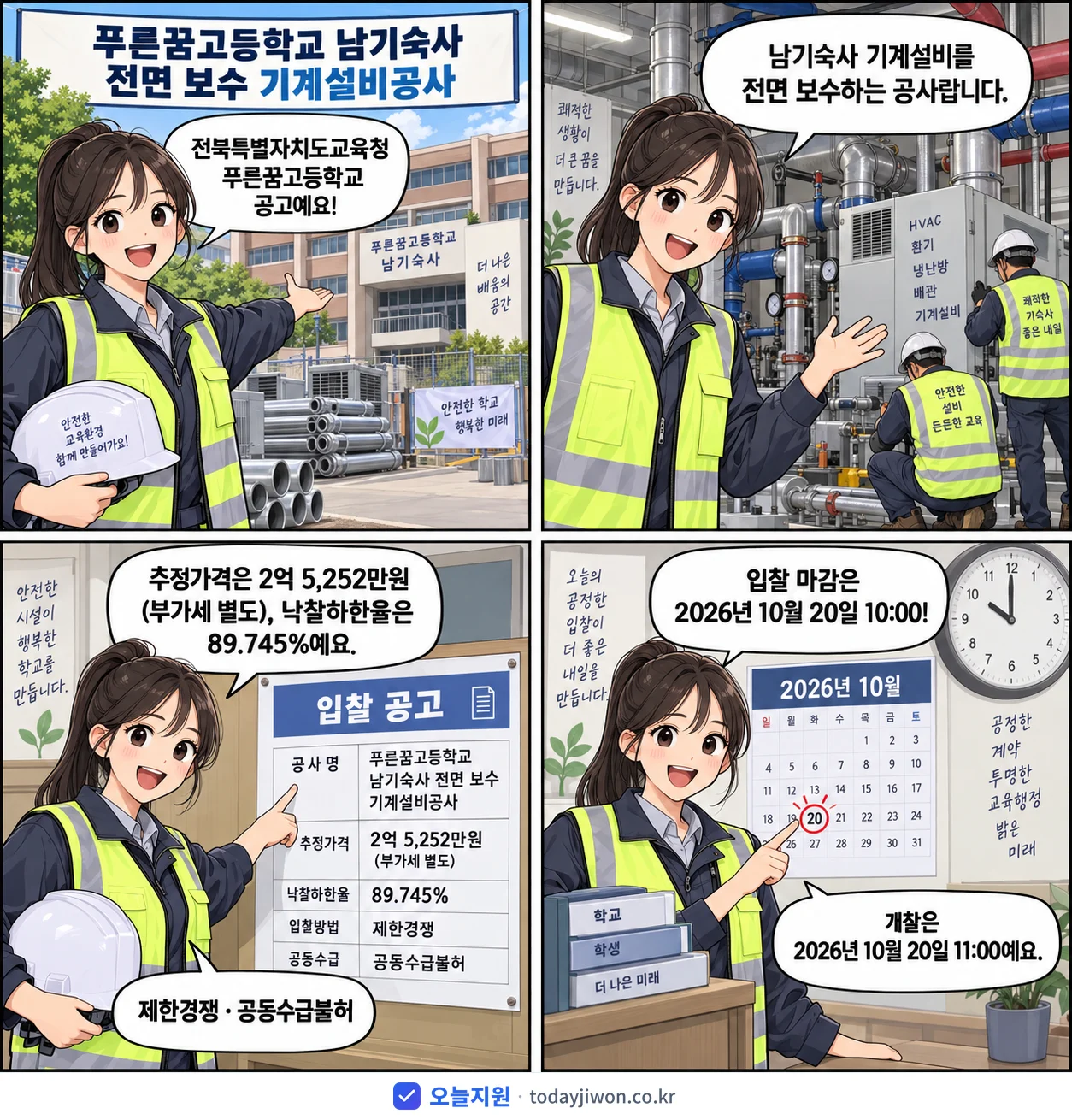 4컷 만화로 보는 공고: 전북특별자치도교육청 푸른꿈고등학교 '푸른꿈고등학교 남기숙사 전면 보수 기계설비공사', 추정가격 2억 5,252만원, 입찰 마감 10/20 10:00