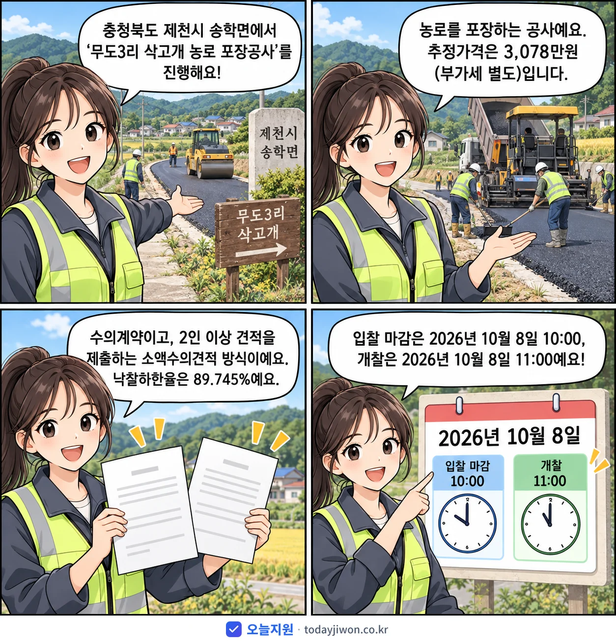 4컷 만화로 보는 공고: 충청북도 제천시 송학면 '무도3리 삭고개 농로 포장공사', 추정가격 3,078만원, 입찰 마감 10/8 10:00