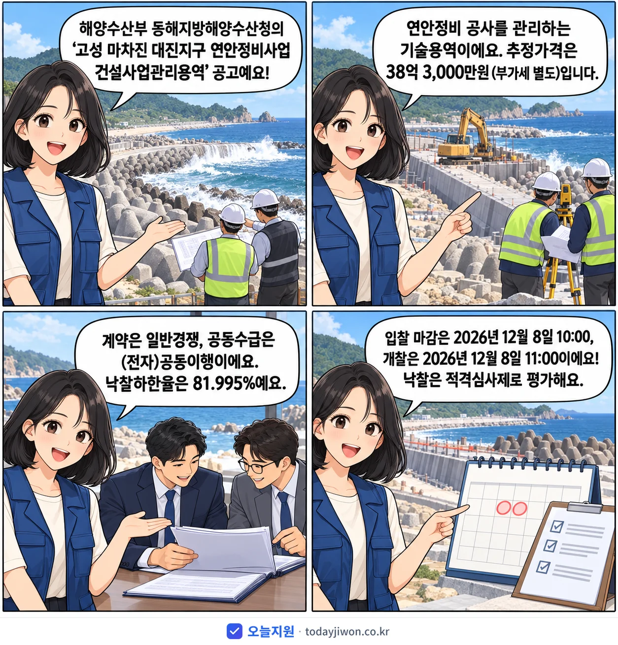 4컷 만화로 보는 공고: 해양수산부 동해지방해양수산청 '고성 마차진 대진지구 연안정비사업 건설사업관리용역', 추정가격 38억 3,000만원, 입찰 마감 12/8 10:00