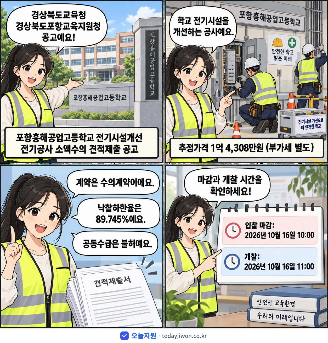 4컷 만화로 보는 공고: 경상북도교육청 경상북도포항교육지원청 '포항흥해공업고등학교 전기시설개선 전기공사 소액수의 견적제출 공고', 추정가격 1억 4,308만원, 입찰 마감 10/16 10:00