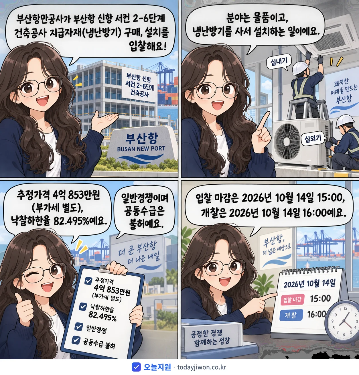 4컷 만화로 보는 공고: 부산항만공사 '부산항 신항 서컨 2-6단계 건축공사 지급자재(냉난방기) 구매, 설치', 추정가격 4억 853만원, 입찰 마감 10/14 15:00