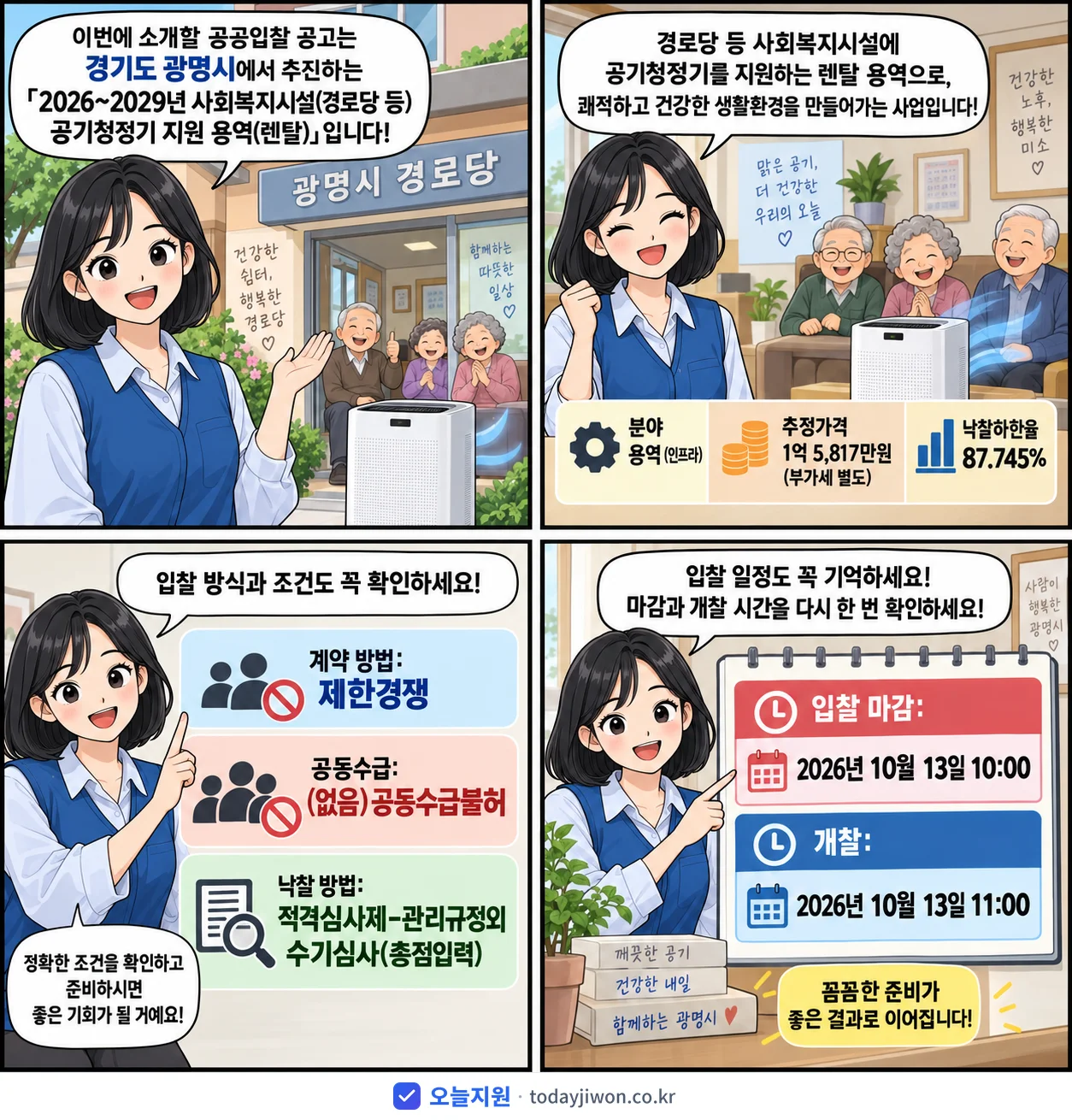 4컷 만화로 보는 공고: 경기도 광명시 '~2029년 사회복지시설(경로당 등) 공기청정기 지원 용역(렌탈)', 추정가격 1억 5,817만원, 입찰 마감 10/13 10:00