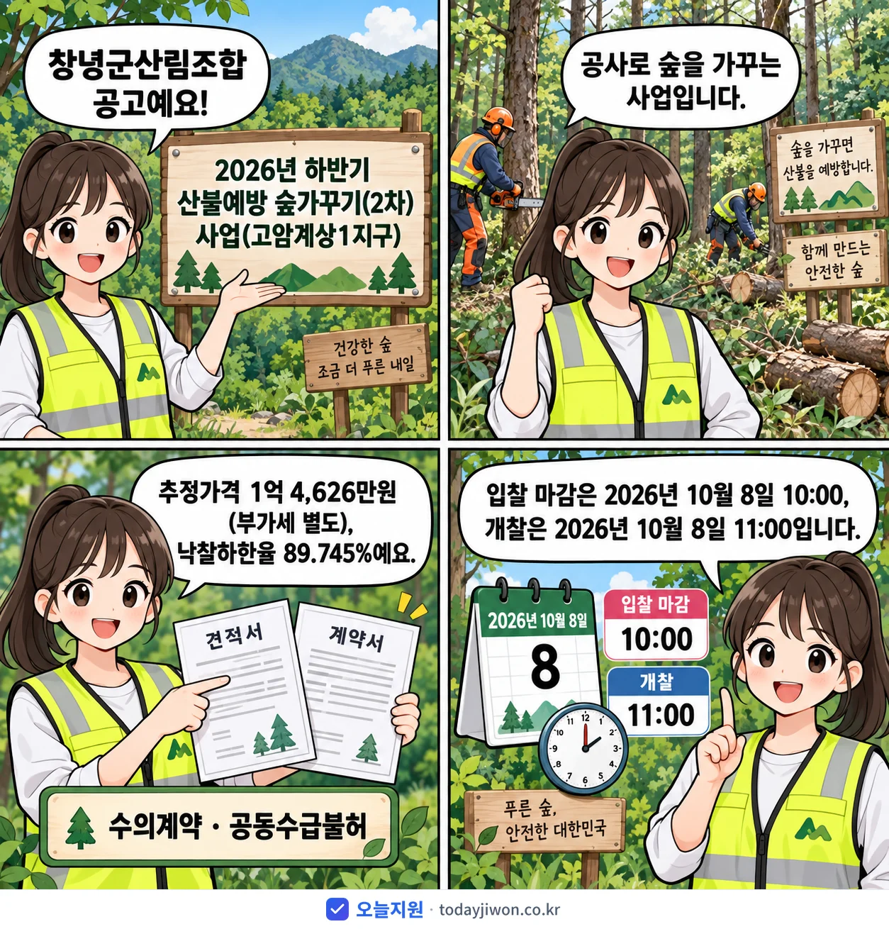 4컷 만화로 보는 공고: 창녕군산림조합 '하반기 산불예방 숲가꾸기(2차) 사업(고암계상1지구)', 추정가격 1억 4,626만원, 입찰 마감 10/8 10:00