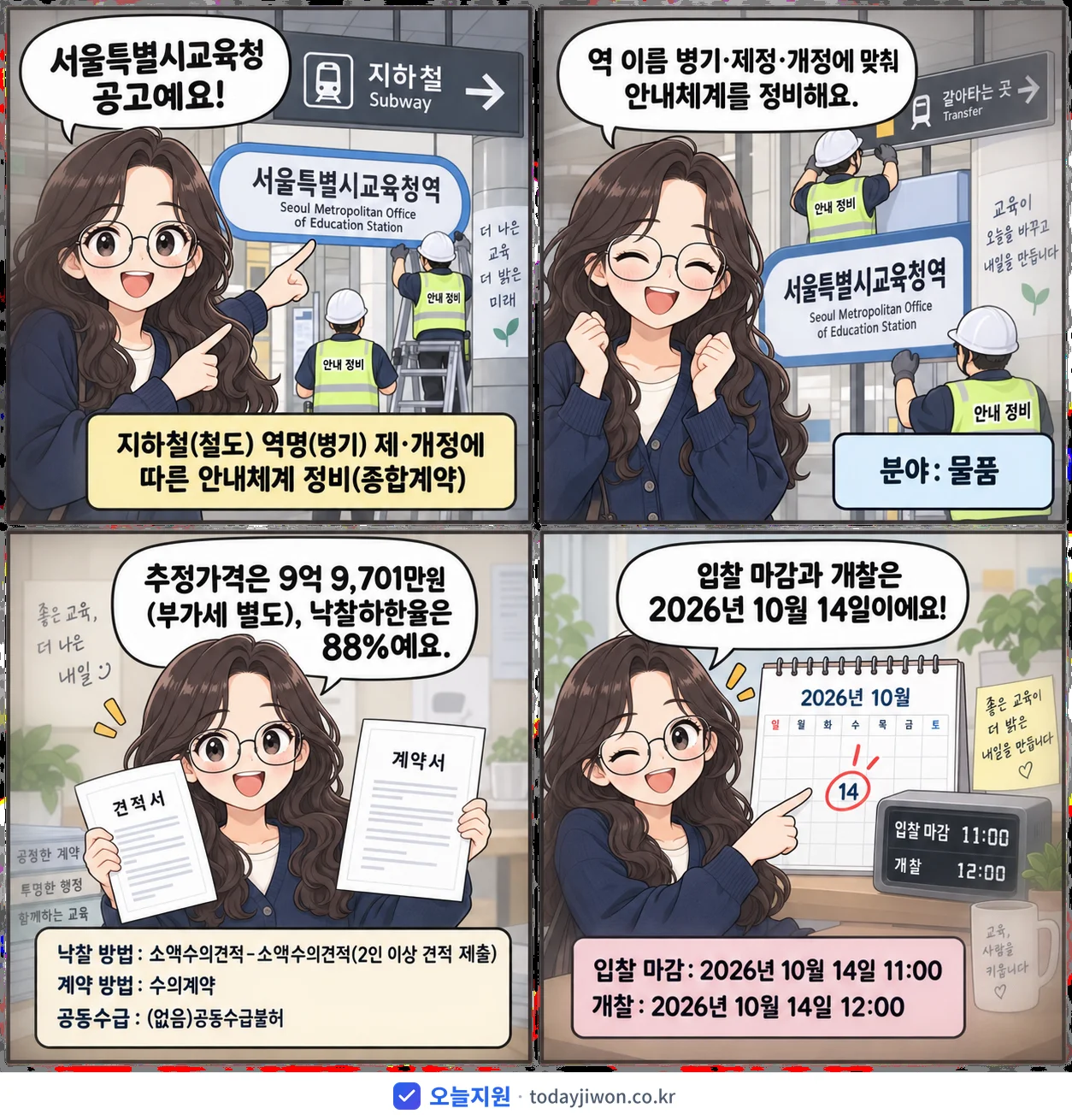 4컷 만화로 보는 공고: 서울특별시교육청 '지하철(철도) 역명(병기) 제·개정에 따른 안내체계 정비(종합계약)', 추정가격 9억 9,701만원, 입찰 마감 10/14 11:00