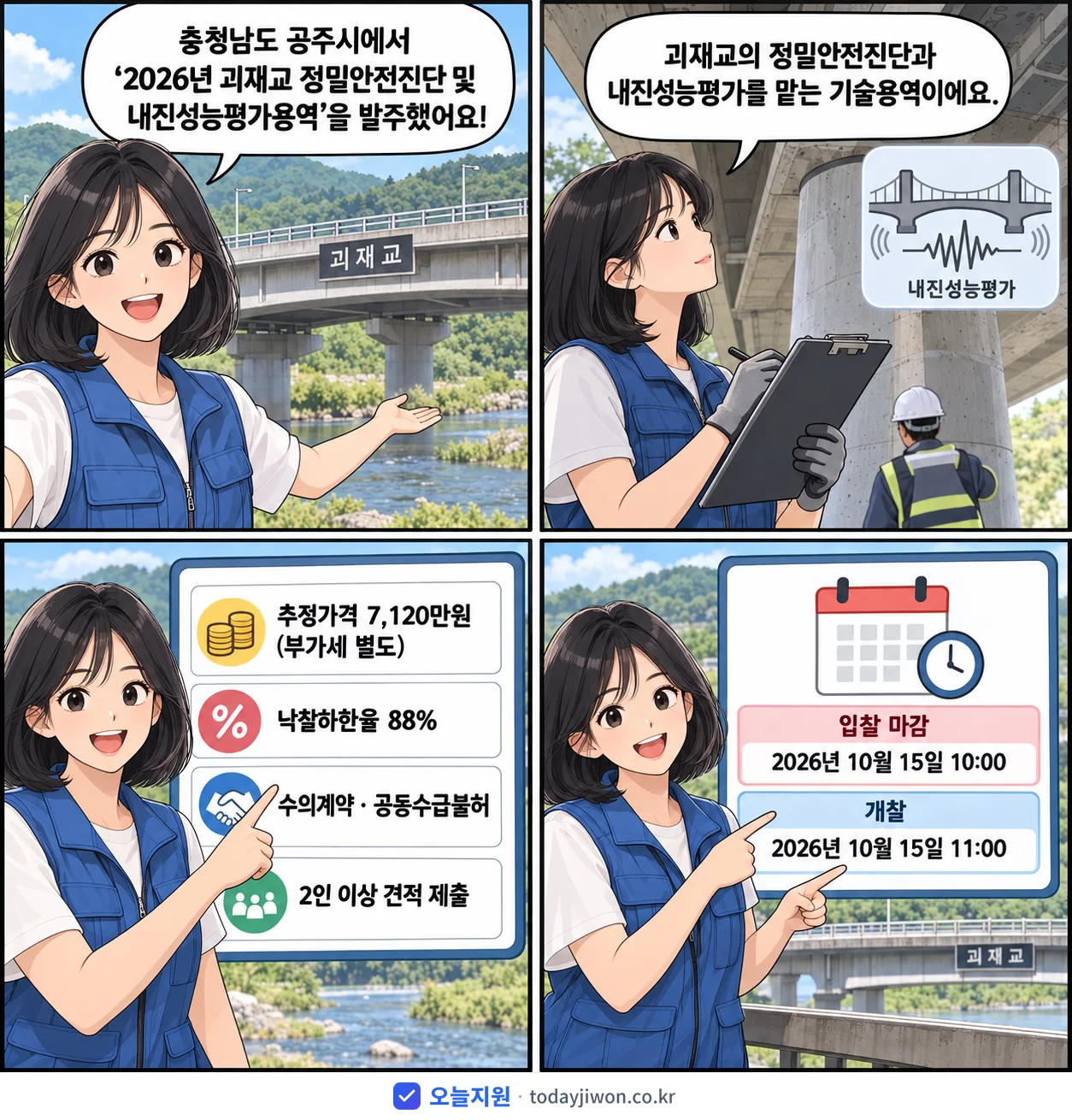 4컷 만화로 보는 공고: 충청남도 공주시 '괴재교 정밀안전진단 및 내진성능평가용역', 추정가격 7,120만원, 입찰 마감 10/15 10:00