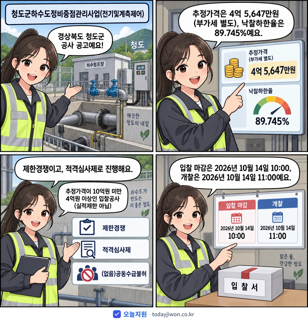 4컷 만화로 보는 공고: 경상북도 청도군 '청도군하수도정비중점관리사업(전기및계측제어)', 추정가격 4억 5,647만원, 입찰 마감 10/14 10:00