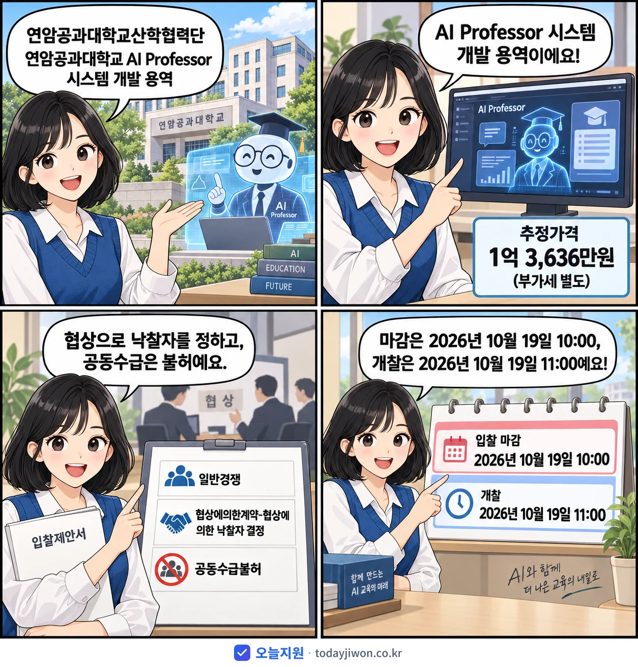 4컷 만화로 보는 공고: 연암공과대학교산학협력단 '연암공과대학교 AI Professor 시스템 개발 용역', 추정가격 1억 3,636만원, 입찰 마감 10/19 10:00