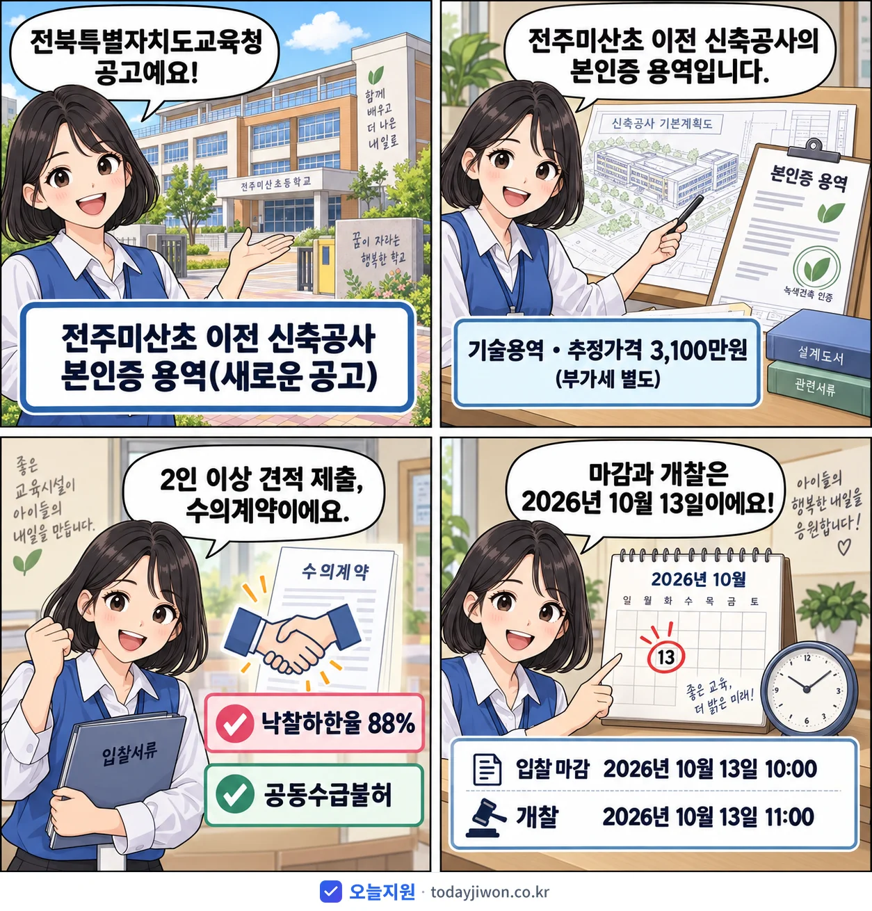 4컷 만화로 보는 공고: 전북특별자치도교육청 '전주미산초 이전 신축공사 본인증 용역(새로운 공고)', 추정가격 3,100만원, 입찰 마감 10/13 10:00