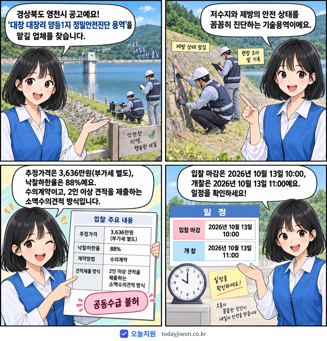 4컷 만화로 보는 공고: 경상북도 영천시 '대창 대창리 양등1지 정밀안전진단 용역', 추정가격 3,636만원, 입찰 마감 10/13 10:00