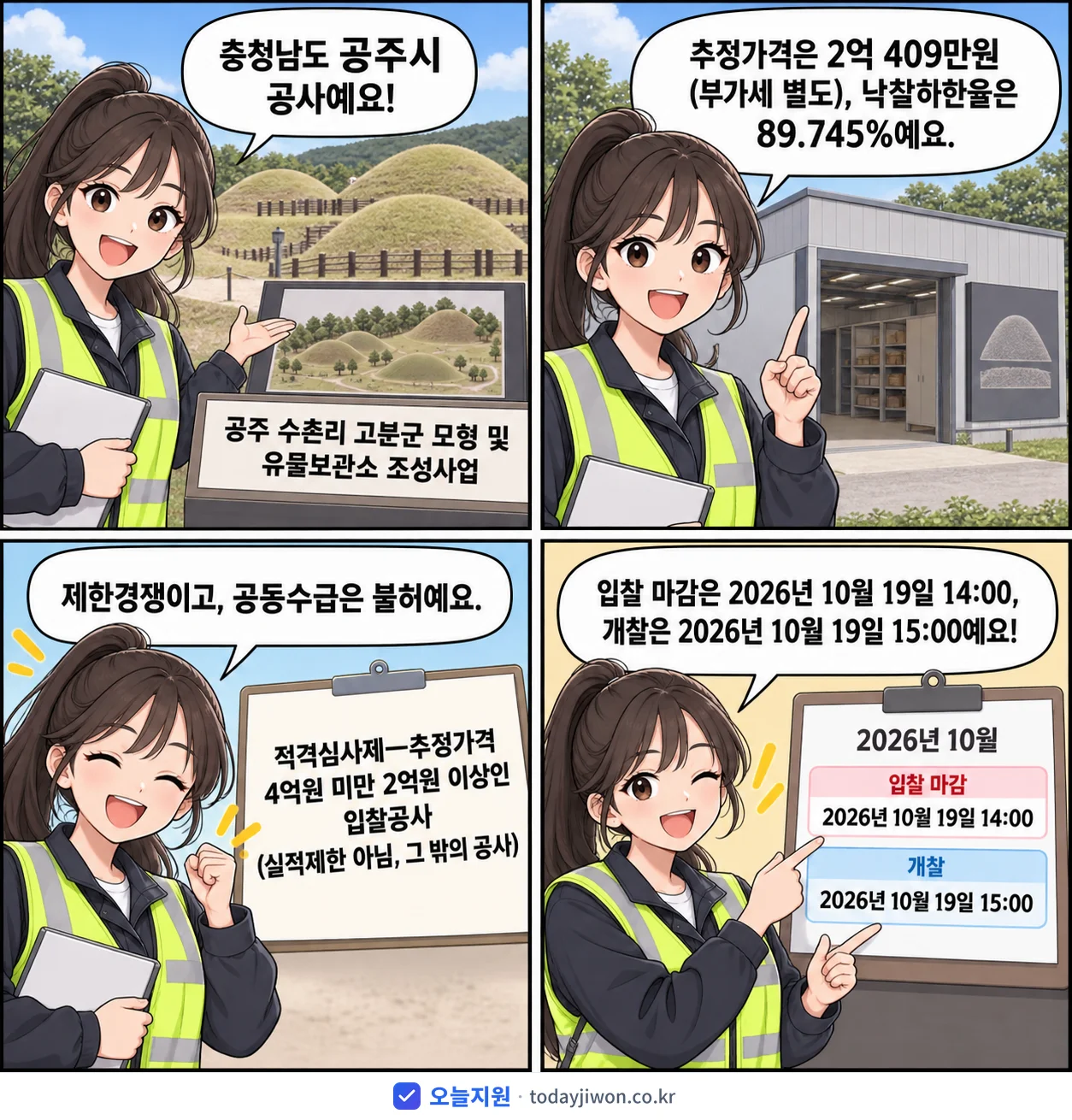 4컷 만화로 보는 공고: 충청남도 공주시 '공주 수촌리 고분군 모형 및 유물보관소 조성사업', 추정가격 2억 409만원, 입찰 마감 10/19 14:00