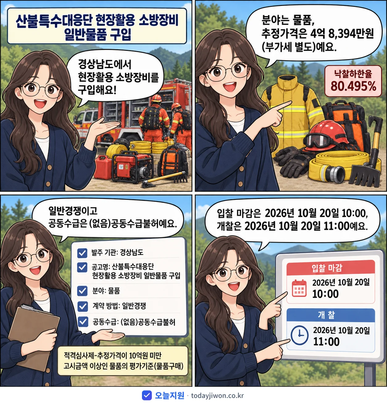 4컷 만화로 보는 공고: 경상남도 '산불특수대응단 현장활용 소방장비 일반물품 구입', 추정가격 4억 8,394만원, 입찰 마감 10/20 10:00