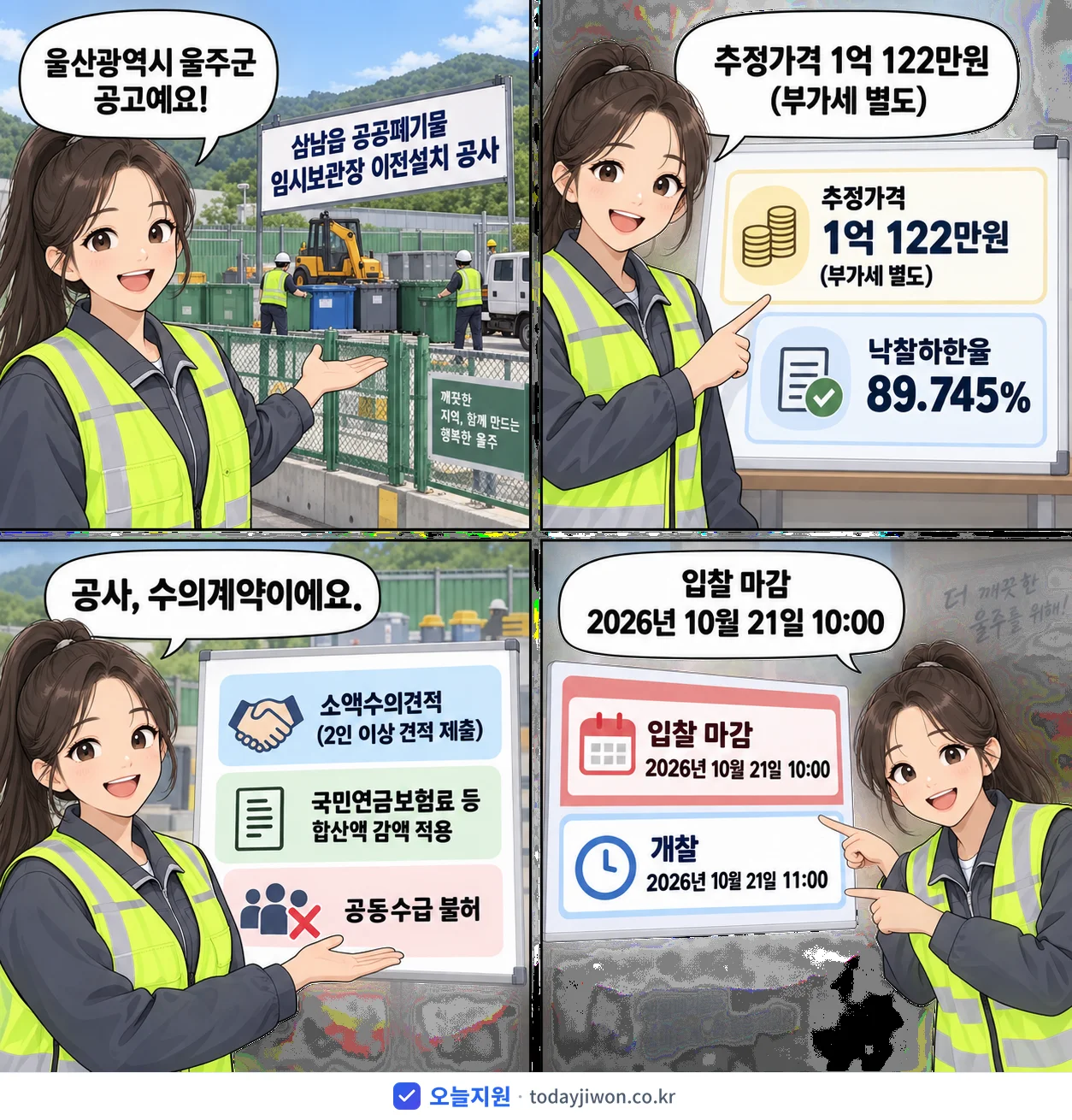 4컷 만화로 보는 공고: 울산광역시 울주군 '삼남읍 공공폐기물 임시보관장 이전설치 공사', 추정가격 1억 122만원, 입찰 마감 10/21 10:00
