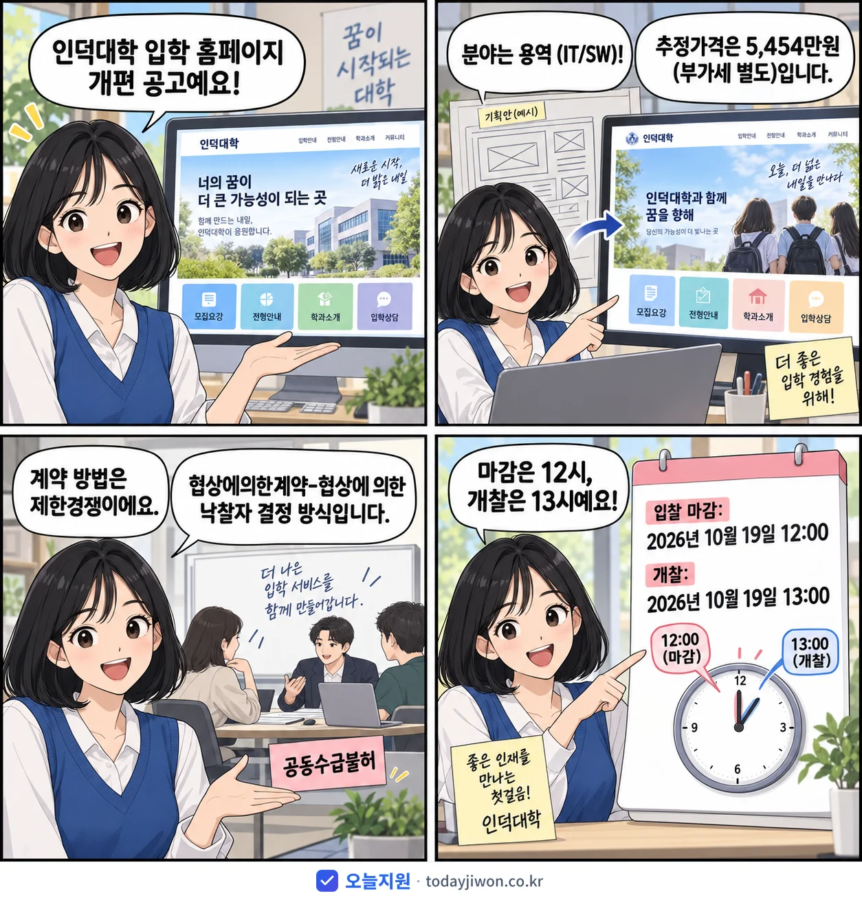 4컷 만화로 보는 공고: 인덕대학 '입학 홈페이지 개편', 추정가격 5,454만원, 입찰 마감 10/19 12:00