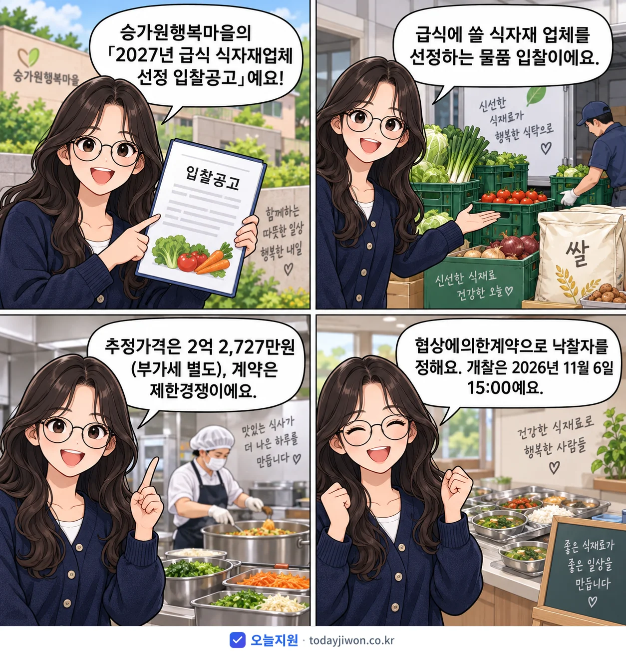 4컷 만화로 보는 공고: 승가원행복마을 '급식 식자재업체 선정 입찰공고', 추정가격 2억 2,727만원