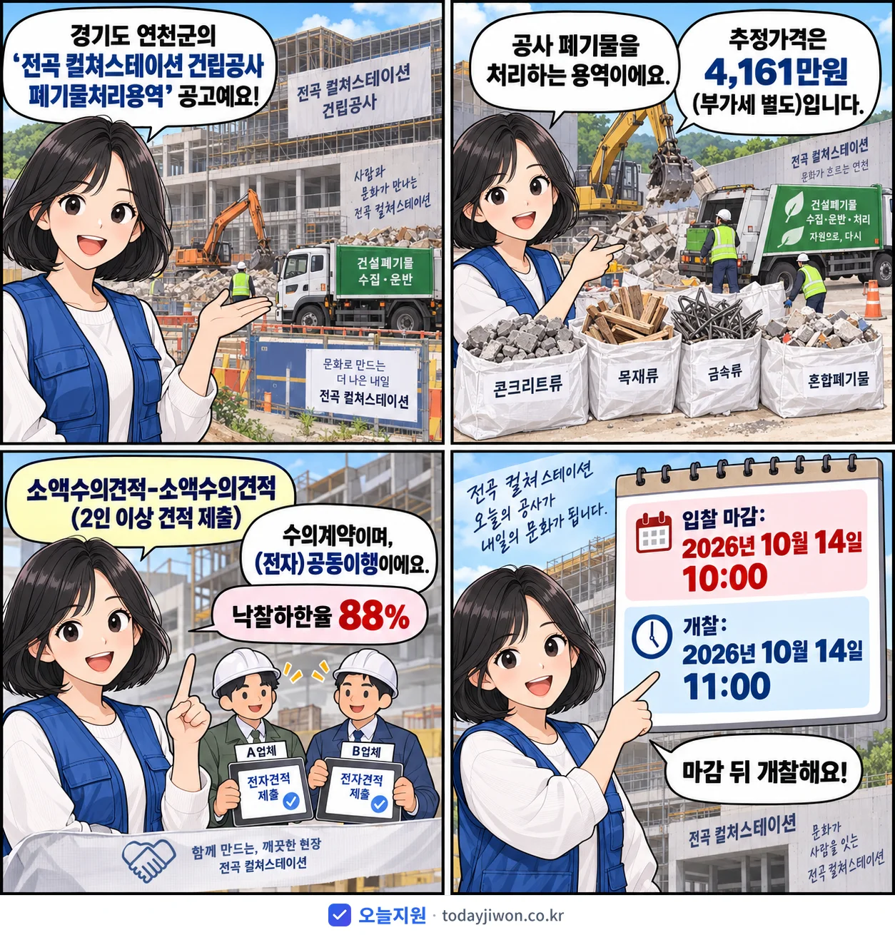 4컷 만화로 보는 공고: 경기도 연천군 '전곡 컬쳐스테이션 건립공사 폐기물처리용역', 추정가격 4,161만원, 입찰 마감 10/14 10:00