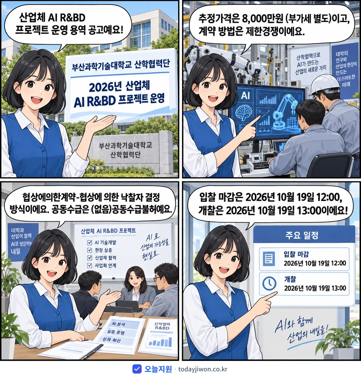4컷 만화로 보는 공고: 부산과학기술대학교 산학협력단 '산업체 AI R&BD 프로젝트 운영', 추정가격 8,000만원, 입찰 마감 10/19 12:00