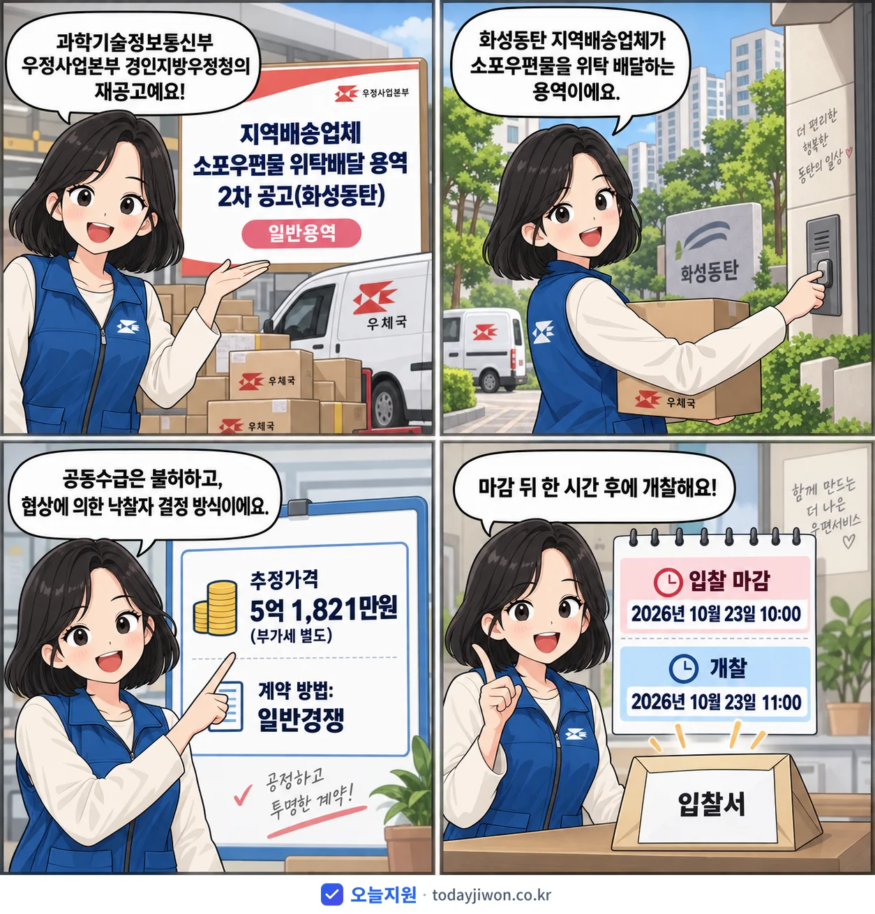 4컷 만화로 보는 공고: 과학기술정보통신부 우정사업본부 경인지방우정청 '지역배송업체 소포우편물 위탁배달 용역 2차 공고(화성동탄)', 추정가격 5억 1,821만원, 입찰 마감 10/23 10:00