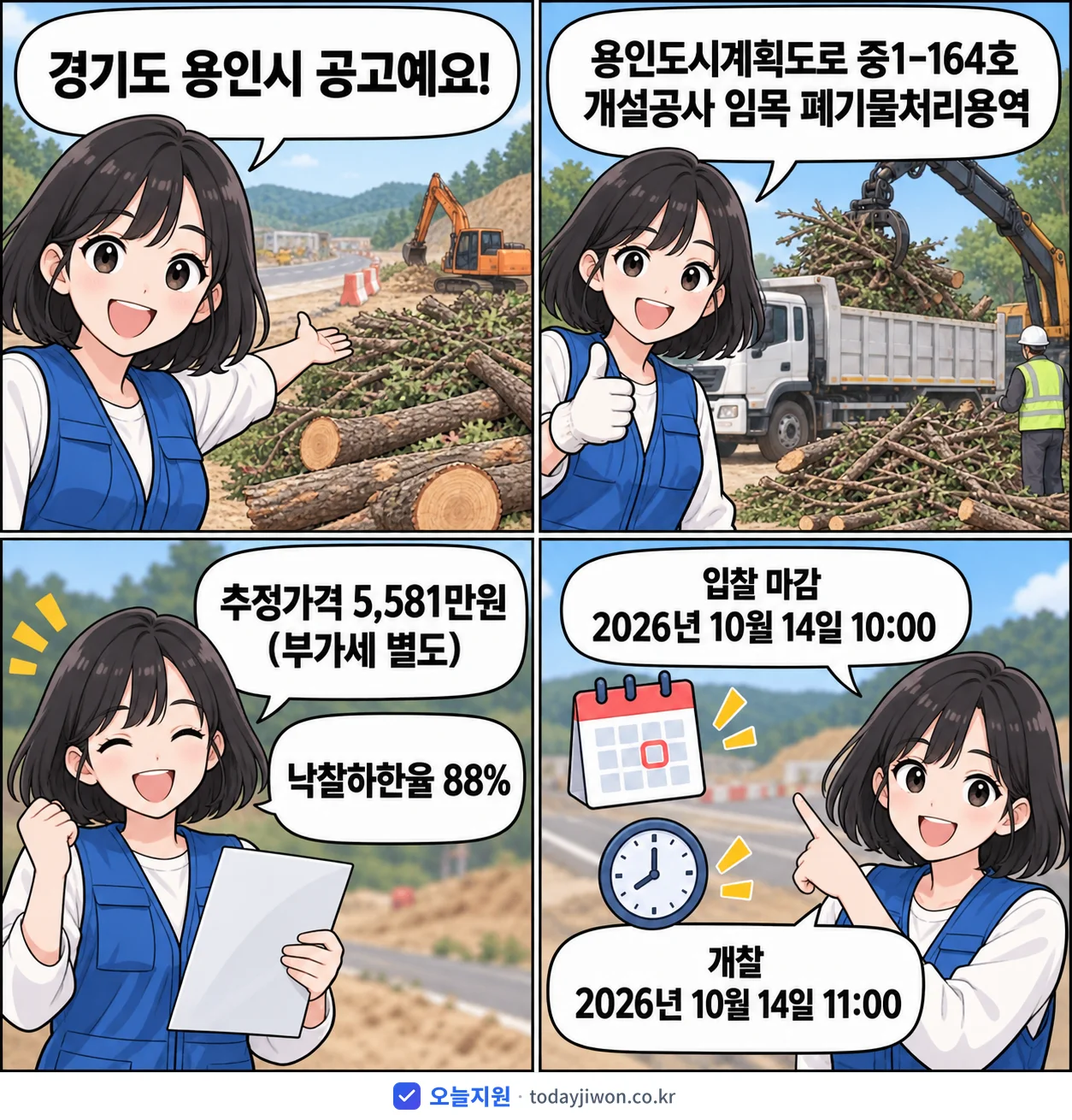 4컷 만화로 보는 공고: 경기도 용인시 '용인도시계획도로 중1-164호 개설공사 임목 폐기물처리용역', 추정가격 5,581만원, 입찰 마감 10/14 10:00