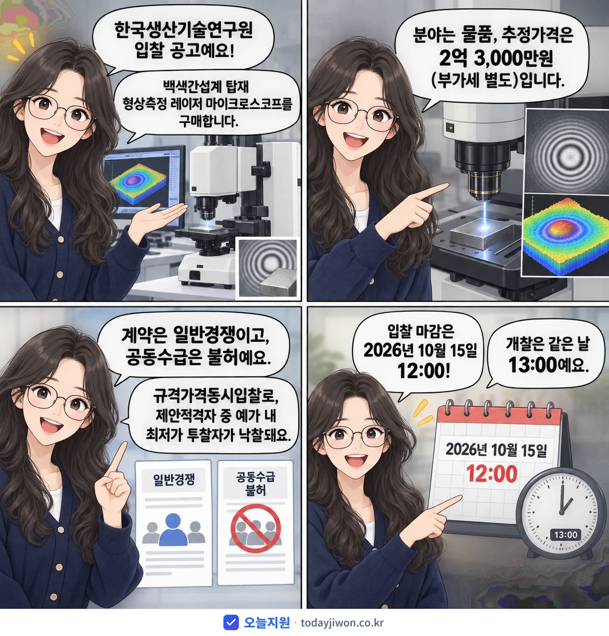 4컷 만화로 보는 공고: 한국생산기술연구원 '백색간섭계 탑재 형상측정 레이저 마이크로스코프', 추정가격 2억 3,000만원, 입찰 마감 10/15 12:00