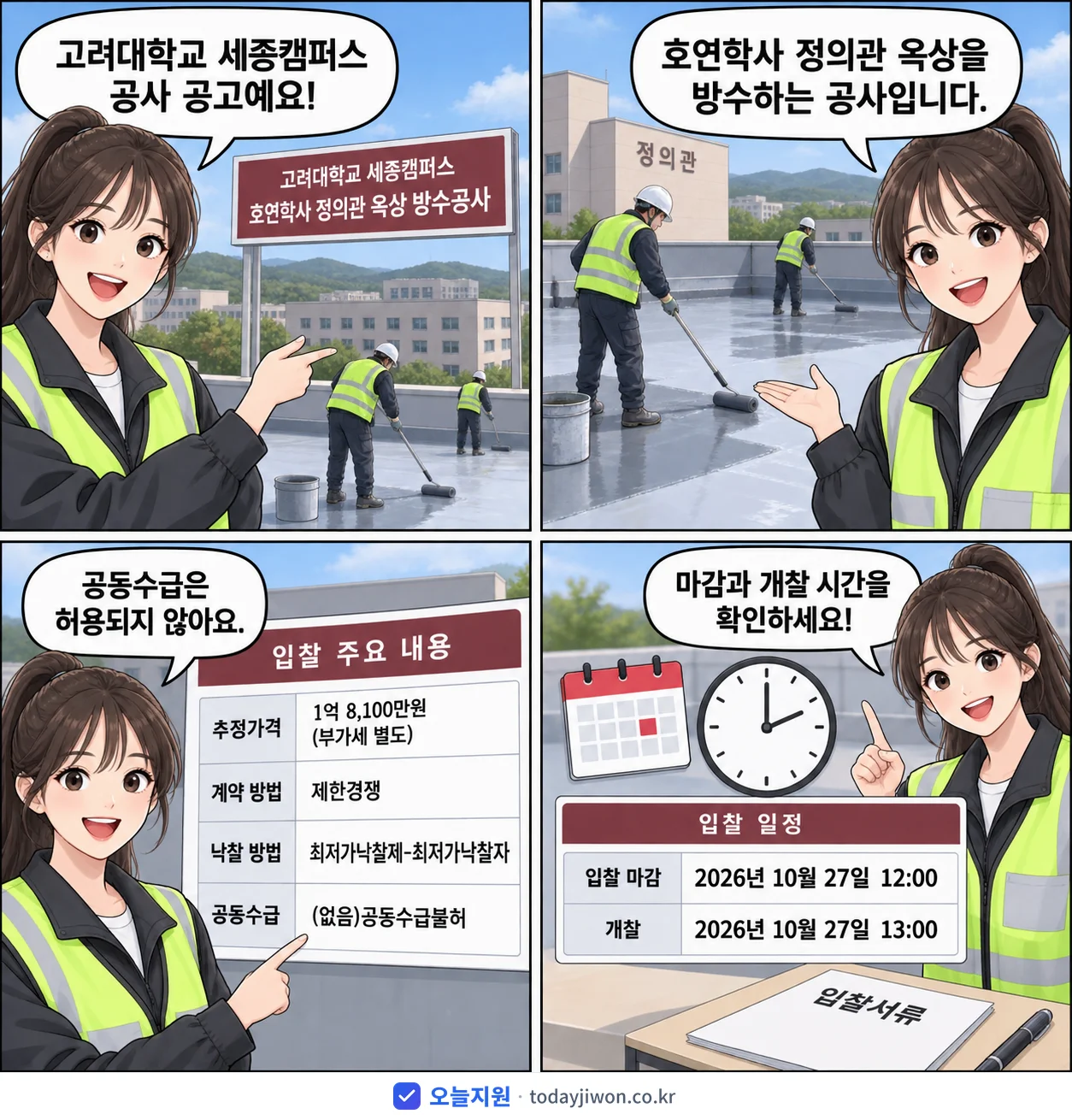 4컷 만화로 보는 공고: 고려대학교 세종캠퍼스 '고려대학교 세종캠퍼스 호연학사 정의관 옥상 방수공사', 추정가격 1억 8,100만원, 입찰 마감 10/27 12:00